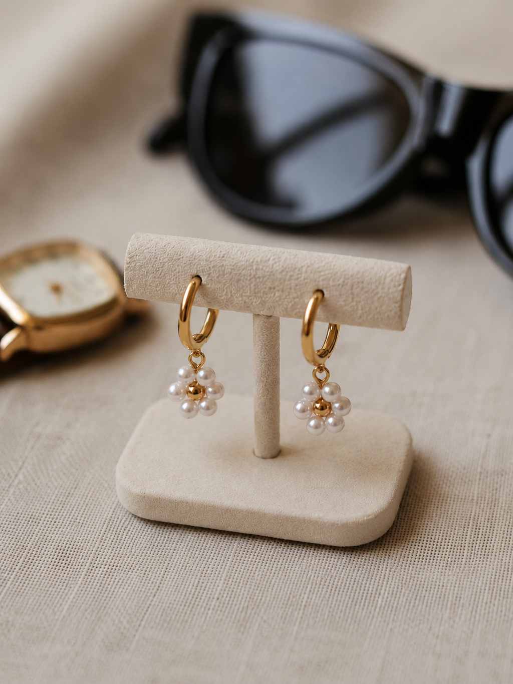 Boucles d’oreilles créoles Fleur Nacrée – Acier inoxydable doré