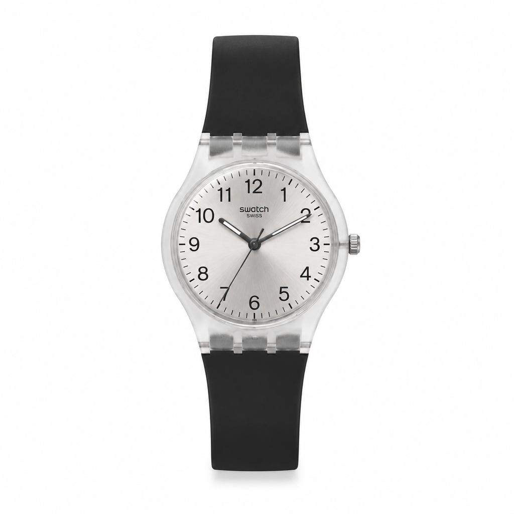 Montre Unisexe Transparente à Cadran Argenté – Bracelet Noir