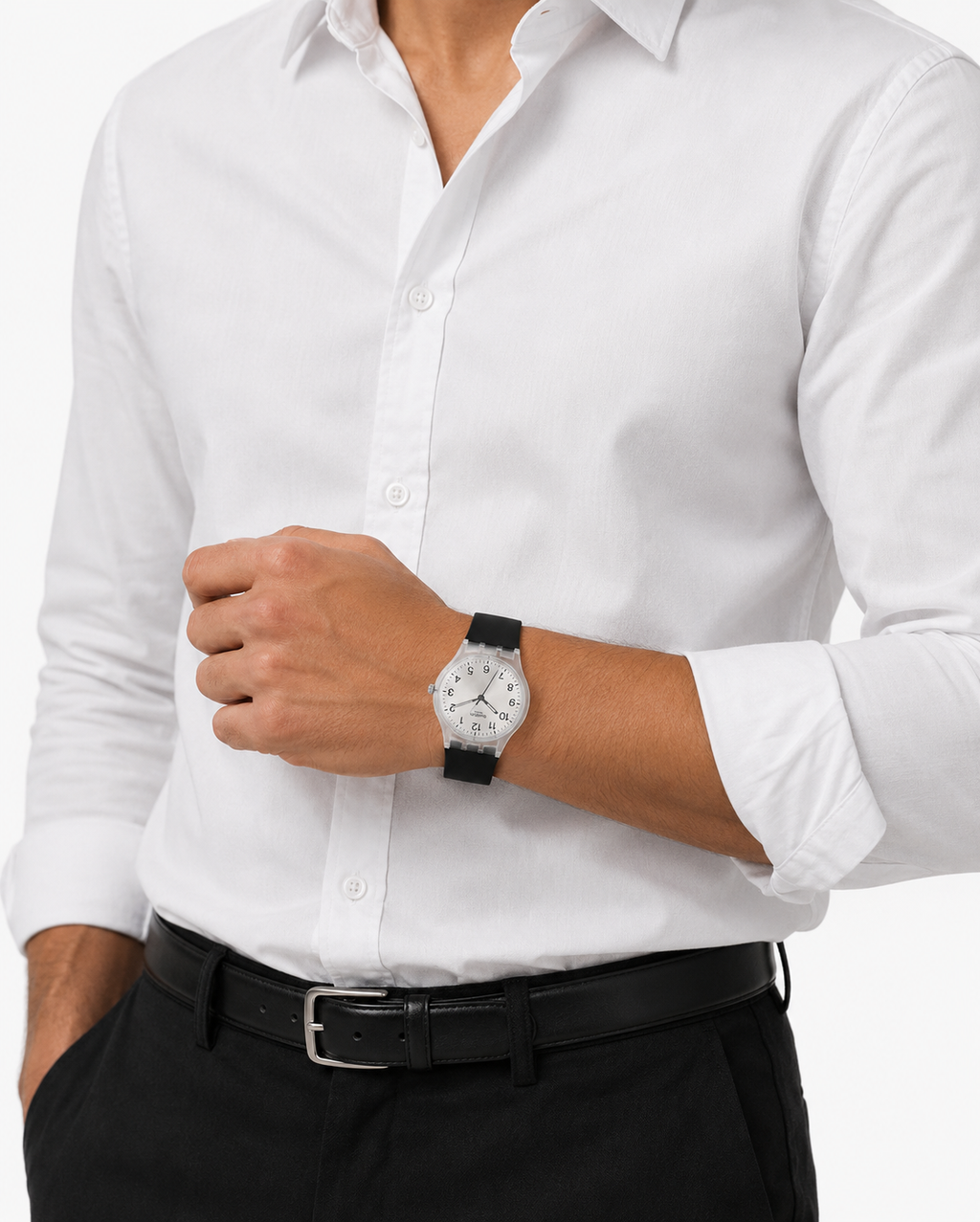 Montre Unisexe Transparente à Cadran Argenté – Bracelet Noir