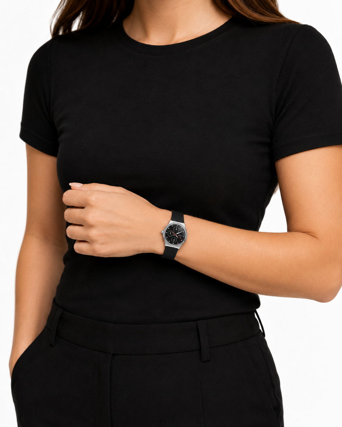 Montre Swatch Femme SW-MF-BLKCR01 – Cadran Noir à Cristaux, Bracelet Silicone Noir