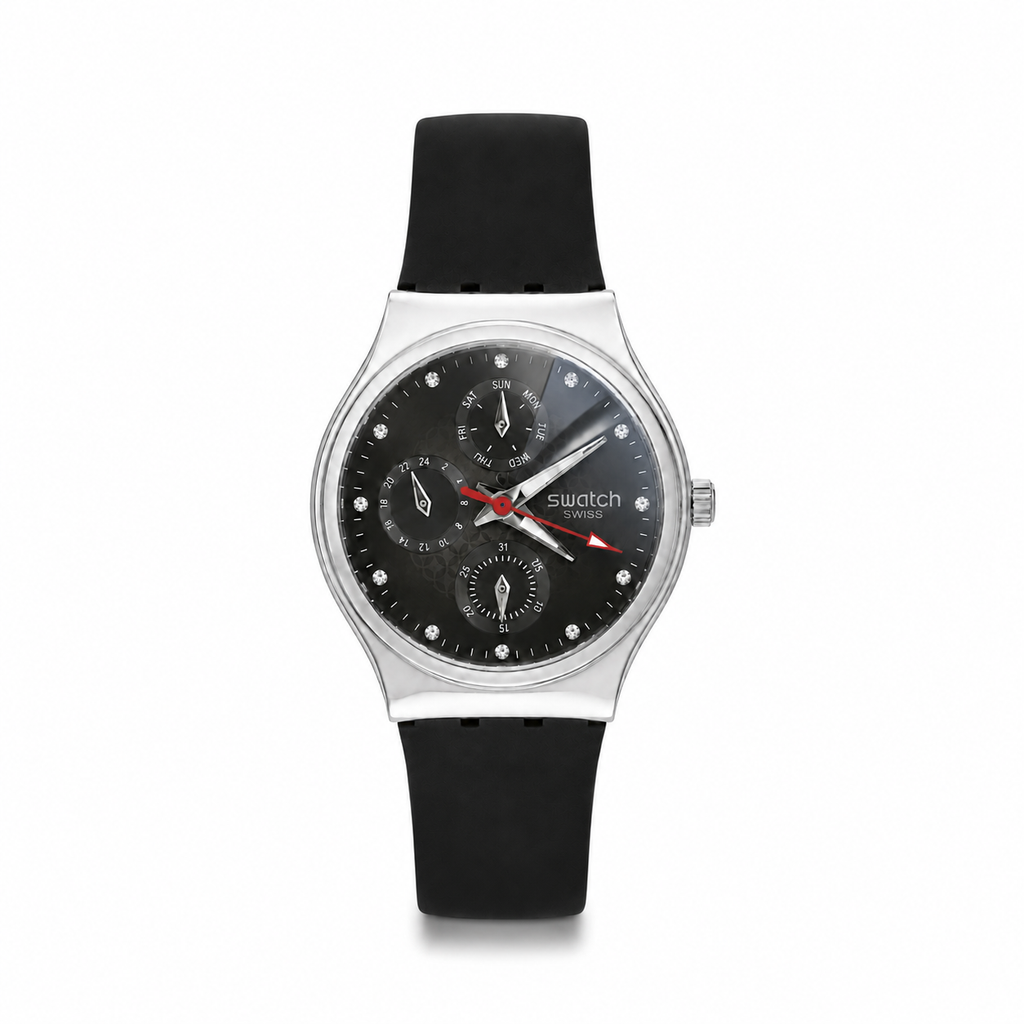 Montre Swatch Femme SW-MF-BLKCR01 – Cadran Noir à Cristaux, Bracelet Silicone Noir