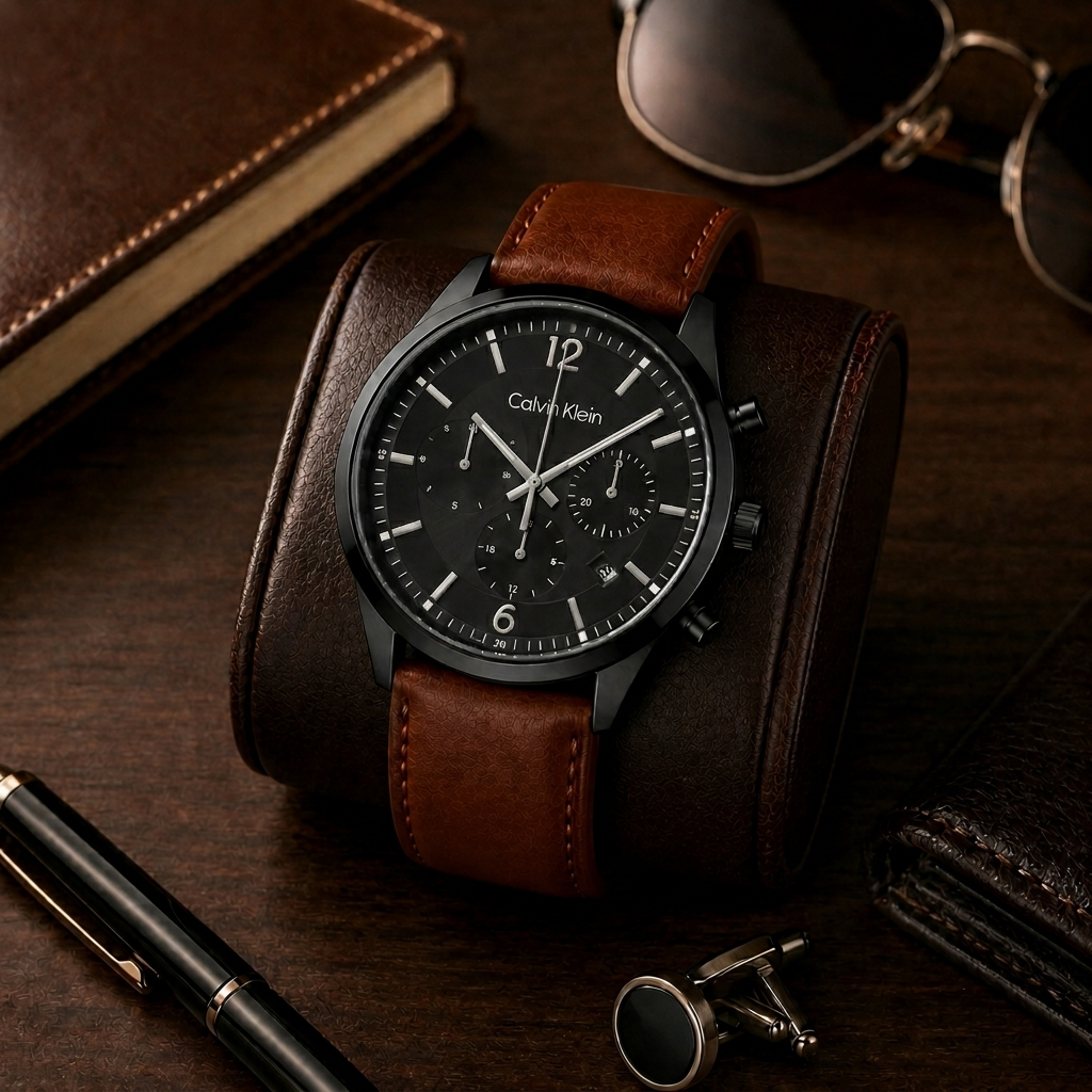 Montre Homme Calvin Klein Distinguish 25200508 Homme – Cadran Noir, Bracelet Cuir Marron