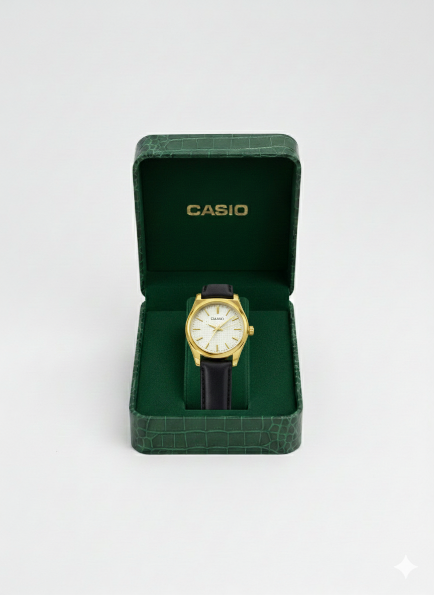 Montre Casio Classique Dorée à Cadran Clair – Bracelet Cuir Noir