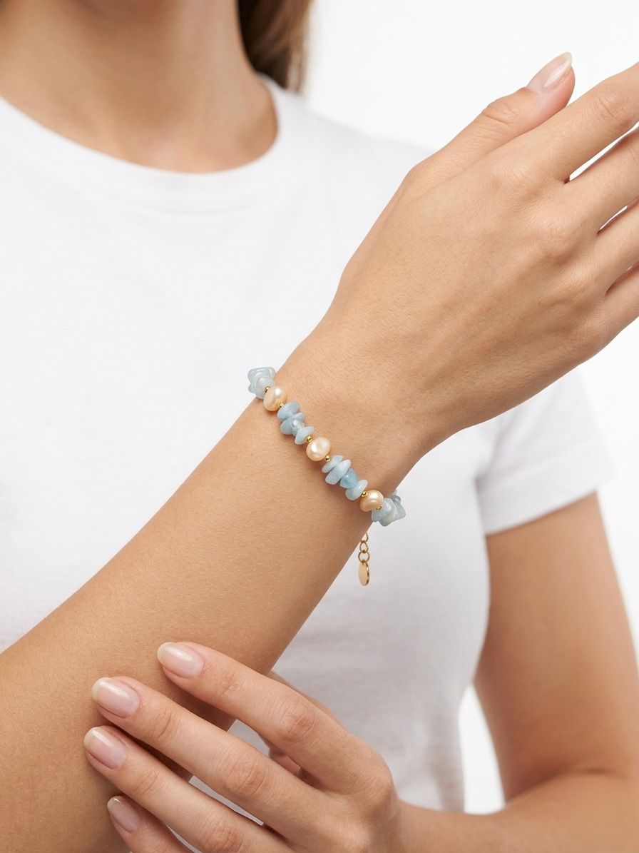 Bracelet artisanal réglable en pierres naturelles colorées et perles nacrées – Chaîne inoxydable dorée