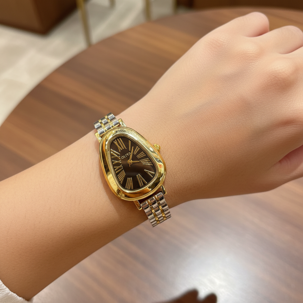 Montre OLIYA Bicolore Cadran Noir – Élégance Intemporelle et Style Raffiné