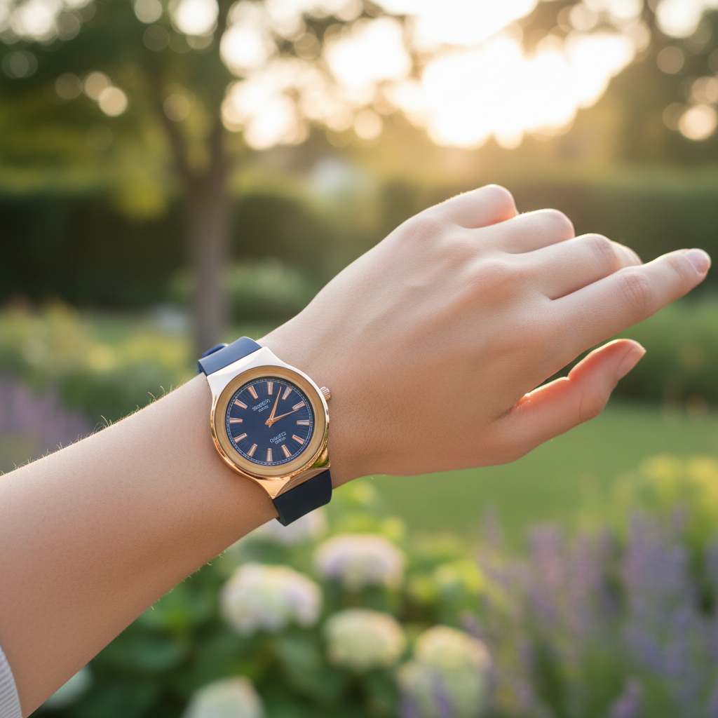 Montre Swatch Bleu &amp; Or Rose – L’Élégance Moderne au Caractère Audacieux