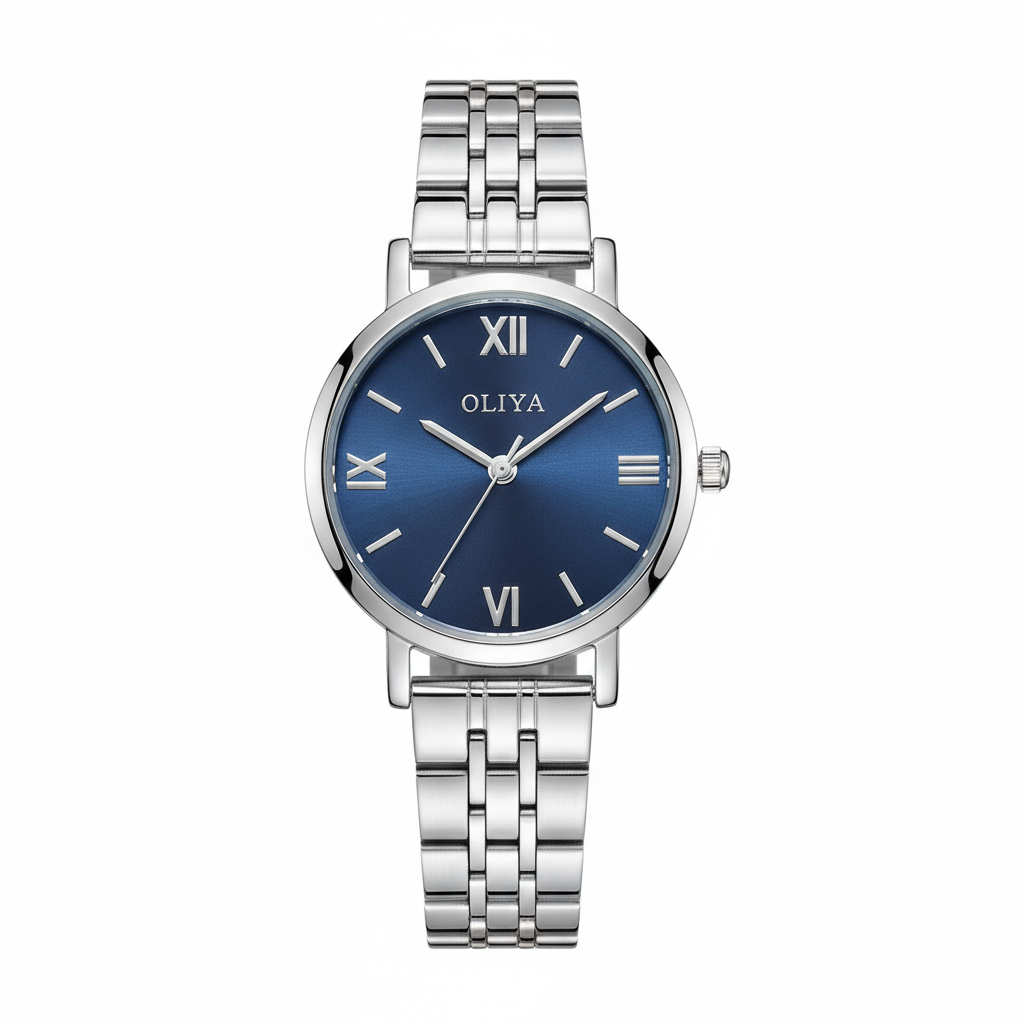 Montre OLIYA Argentée – Cadran Bleu Soleil et Élégance Intemporelle