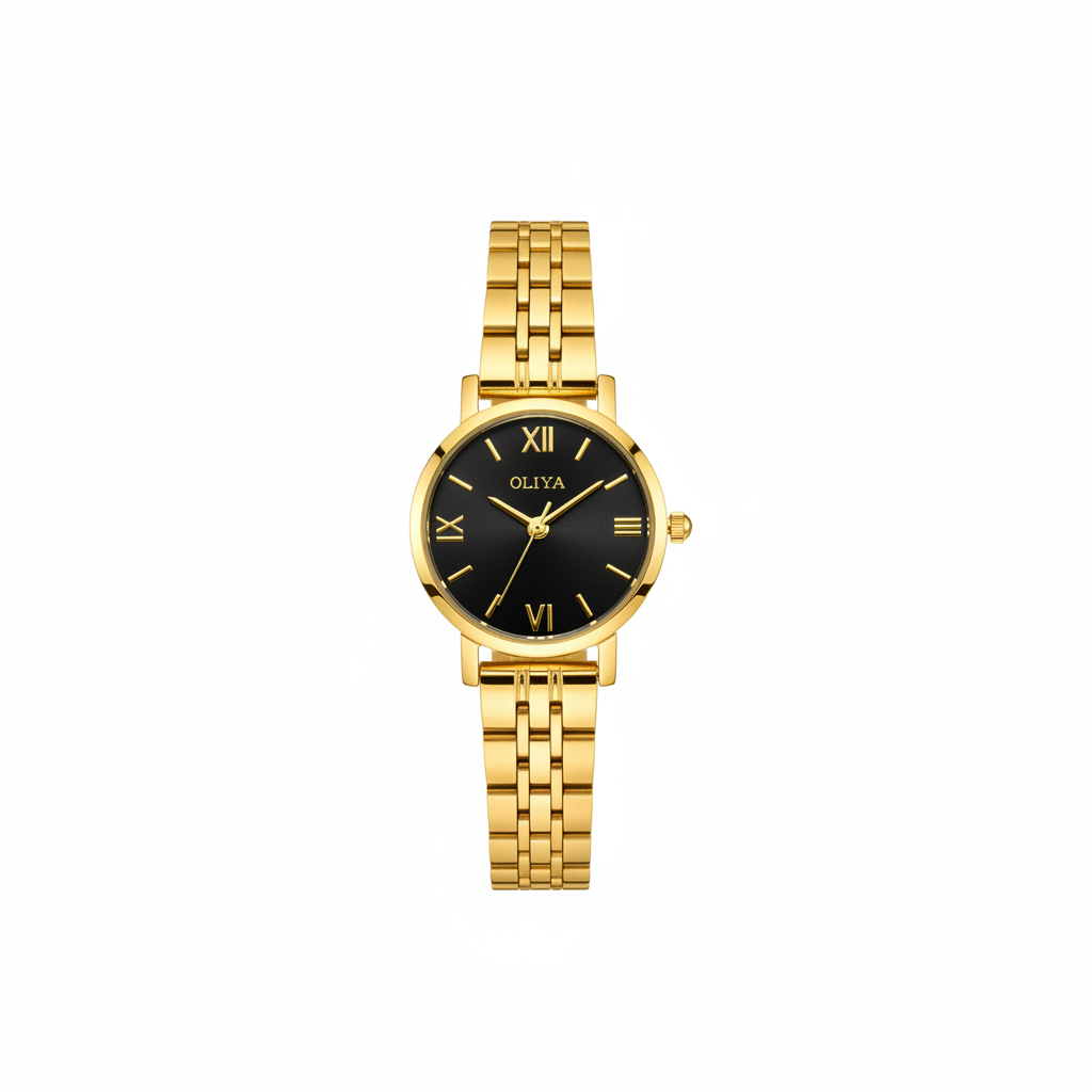 Montre OLIYA Dorée Classique – Cadran Noir Élégant et Style Intemporel
