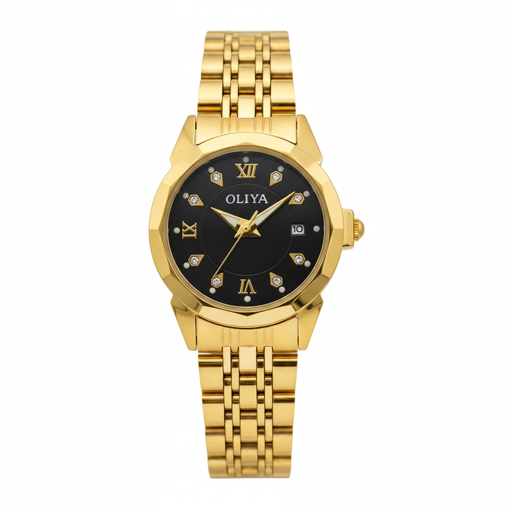 Montre OLIYA Dorée Cadran Noir – Élégance Prestigieuse avec Fonction Date