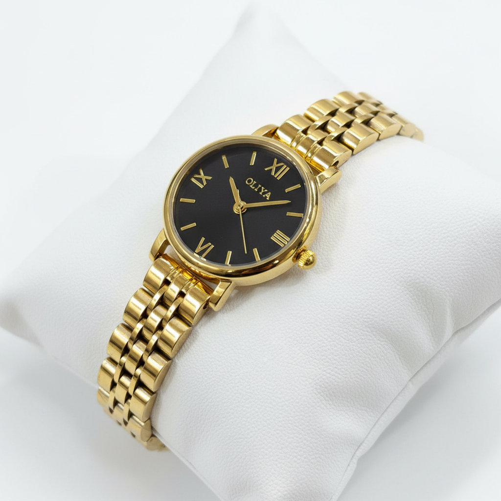 Montre OLIYA Dorée Classique – Cadran Noir Élégant et Style Intemporel