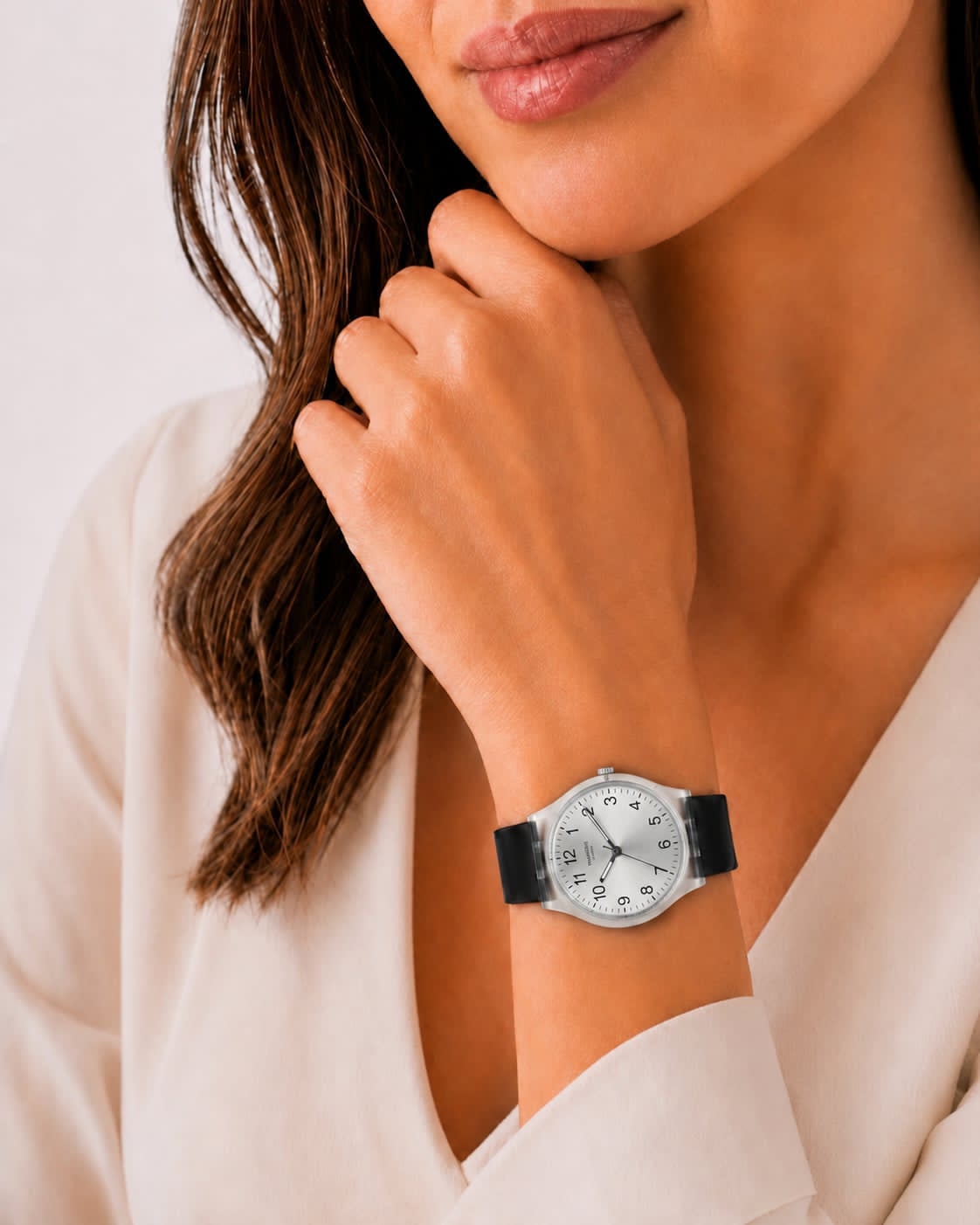 Montre Unisexe Transparente à Cadran Argenté – Bracelet Noir